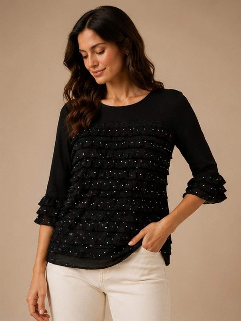 Cato Black Ruffle Mesh Rhinestone Top XL Dressy Party Blouse